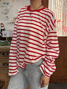 Womens Loose Tunic Tops Long Sleeve Round Neck Stripes Print T-Shirts Spring Fall Blouses - Burgundy - View 3
