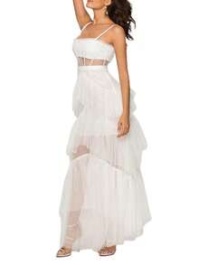 Women Sleeveless Tulle Dress Layered Ruffle Hem Summer Long Party Dress For Cocktail Beach Streetwear - trắng - Xem 3