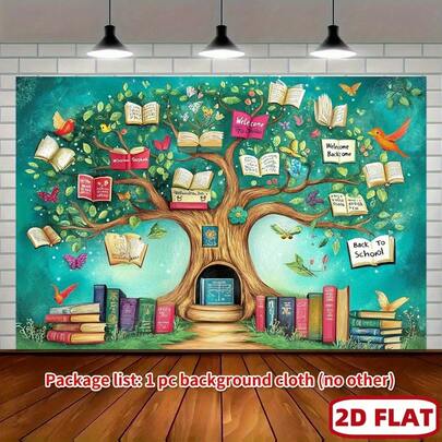 2D płaski, 1 szt., bardzo duży baner na powrót do szkoły – dekoracja na przyjęcie biblioteczne w klasie z drzewkiem książek, książkami, motylami i kolibrami – dekoracja o tematyce literackiej dla nauczycieli, imprezy typu tailgate – trwała tkanina poliestrowa, dekoracja do wnętrz i na zewnątrz – nie wymaga prądu – idealny do edukacji domowej, prezent dla miłośników książek, romantyczne wzory, wysokiej jakości nadruk, dekoracyjne znaki