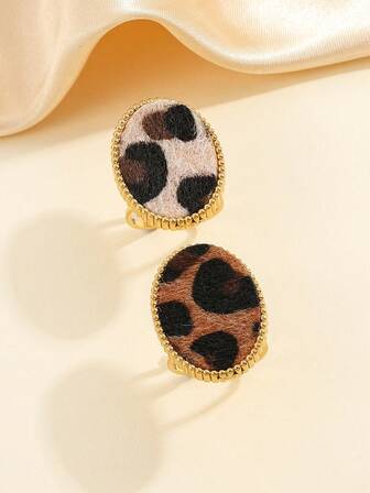 2pcs Stainless Steel Vintage Golden Leopard Print Open Ring Set, Suitable For Women's Daily Wear Or Gift