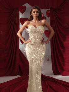 新款女士华丽无肩带性感修身优雅晚礼服，适合狂欢节、婚礼、生日、派对及其他场合。 - 杏色 - 查看 2