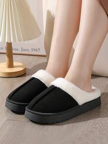 Chinelos de Algodão para Uso Interno no Outono/Inverno, Sola Grossa Antiderrapante, Chinelos Acolchoados Quentes para Casais, Chinelos Macios e Confortáveis para o Inverno, Forro Grosso Antiderrapante, Adequado para Uso Interno/Externo, Chinelos Domésticos Casuais de Cor Sólida - Preto - Visão 2