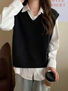 Chaleco de punto con cuello en V de color liso para mujer, adecuado para ocasiones cotidianas. - Negro - Ver 2
