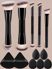 YZIMENG Set di 15/12/7/5 pennelli trucco YISE, set di 5 pennelli trucco a doppia estremità, pennelli trucco piatti e tondi di base per fondotinta liquido, cipria, blush, ombretto, correttore, set di 7 spugnette trucco inclusi 2 mini, 3 cuscinetti vellutati a triangolo, 3 mini cuscinetti ad aria per ritocchi perfetti di trucco, viaggio e feste