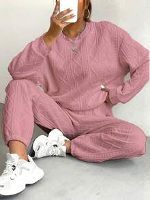 New Year Women's New Year Knitted Sports Set (Two-Piece Set - Suitable For Autumn And Winter), Pink Women's Autumn And Winter Set, Loose, Long Sleeve Round Neck Top And Pocket Jogging Wear, Solid Color, Autumn And Winter Set, Casual Outdoor Sports Wear, Multi Functional All Age Leisure Wear | Knitted Fabric | Women's Minimalist Sports Wear, Women's Sports Wear Set - 粉色 - 查看 1