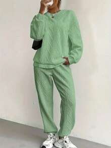 New Year Women's New Year Knitted Sports Set (Two-Piece Set - Suitable For Autumn And Winter), Green Women's Autumn And Winter Set, Loose, Long Sleeve Round Neck Top And Pocket Jogging Wear, Solid Color, Autumn And Winter Set, Casual Outdoor Sports Wear, Multi Functional All Age Leisure Wear | Knitted Fabric | Women's Minimalist Sports Wear, Women's Sports Wear Set - 綠色 - 查看 2