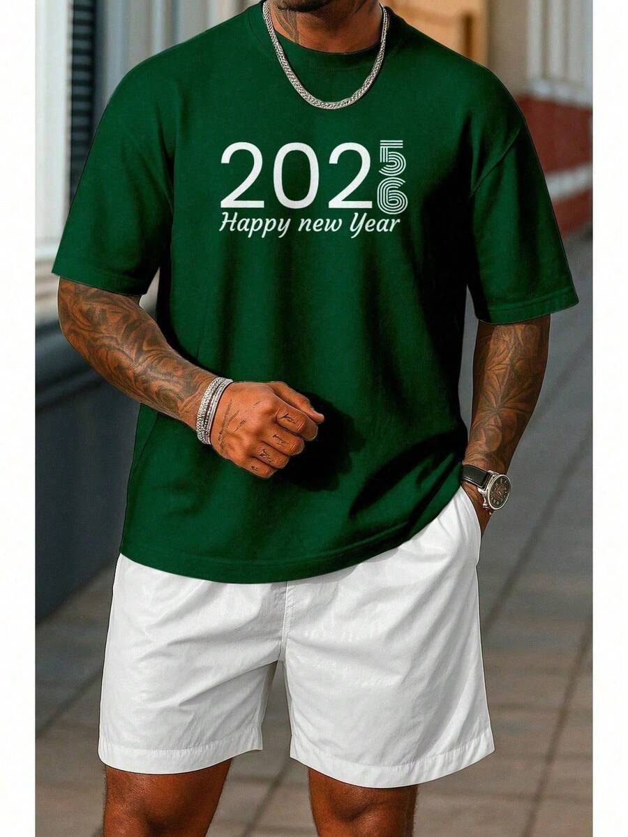 2 Peças Conjunto Camiseta Bermuda Masculina Lançamento Happy 2026 Sofisticado Moderno Em Algodão Nobre - Verde Militar - Visão 1