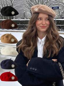 1顶女士贝雷帽，秋冬季，韩版，南瓜贝雷帽，休闲，保暖羊毛 - 彩色 - 查看 1