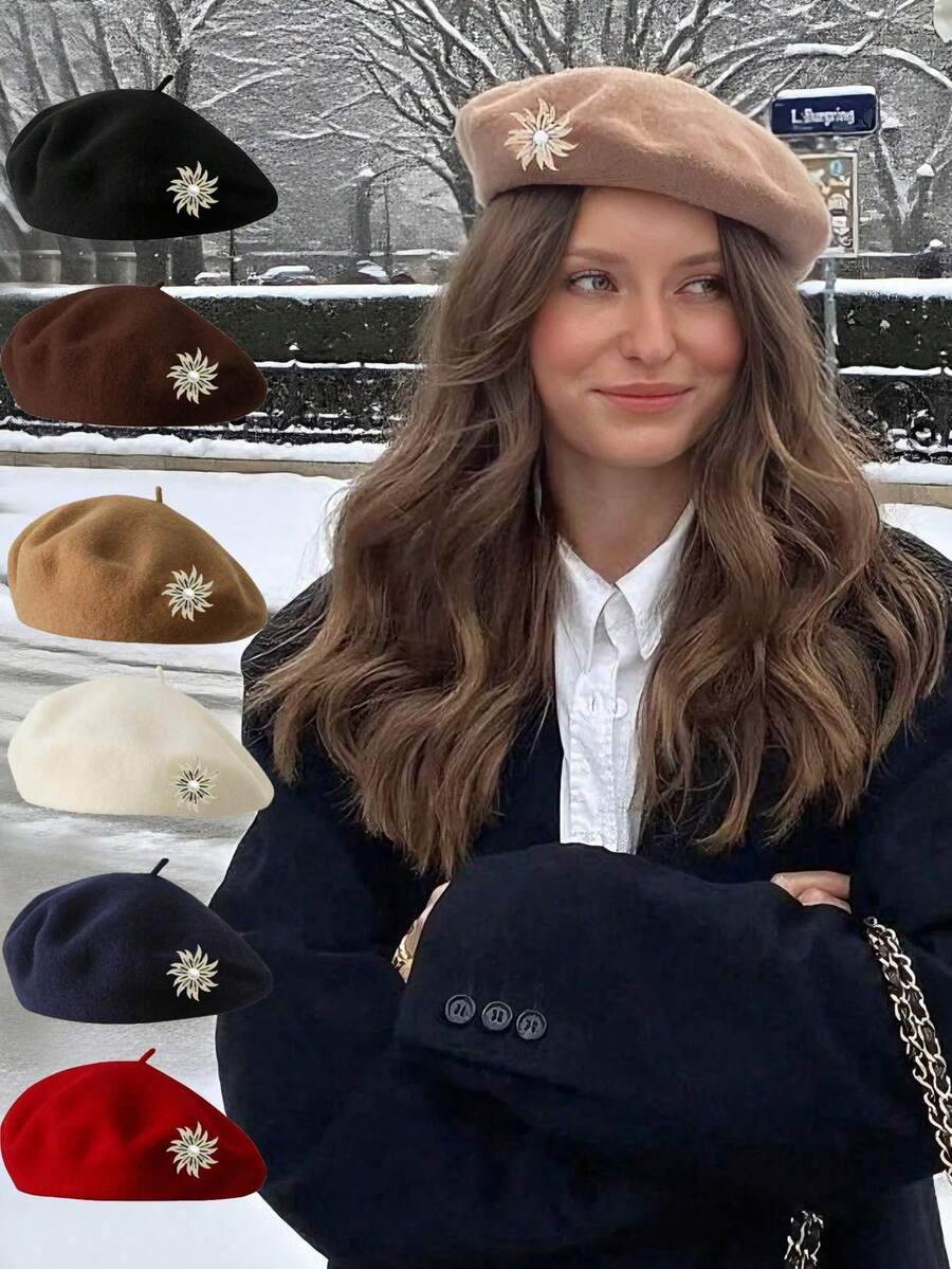 1顶女士贝雷帽，秋冬季，韩版，南瓜贝雷帽，休闲，保暖羊毛 - 彩色 - 查看 1