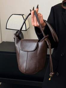 1pc Adjustable Strap Vintage Patchwork Bucket Bag, Minimalist Crossbody Bag For Women - Coffee - View 4