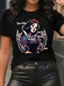 Disney Short-Sleeve T-Shirt For Women - Skull And Tattoo Graphic Print, Slightly Stretchy Round Neck, Machine Washable, Spring Summer Fall Top, Bold Fashion Gift For Women, Versatile Seasonal Shirt, Floral Print Shirt, Comfort Fit Shirt, Everyday Wear Top, Soft Fabric, Printed T-Shirt, Women - màu đen - Xem 1