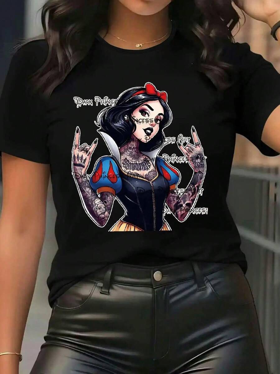 Disney Short-Sleeve T-Shirt For Women - Skull And Tattoo Graphic Print, Slightly Stretchy Round Neck, Machine Washable, Spring Summer Fall Top, Bold Fashion Gift For Women, Versatile Seasonal Shirt, Floral Print Shirt, Comfort Fit Shirt, Everyday Wear Top, Soft Fabric, Printed T-Shirt, Women - màu đen - Xem 1