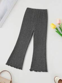 女童纯色竖条纹高弹舒适公主风长款打底裤，春夏新款喇叭裤，女童褶裥喇叭裤高腰弹力荷叶边长裤，少女休闲百搭阔腿裤 - 灰色 - 查看 2