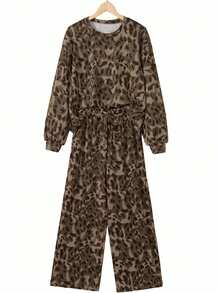 Conjunto de sudadera con capucha y pantalón holgado con cordón en estampado de leopardo - Marrón - Ver 11