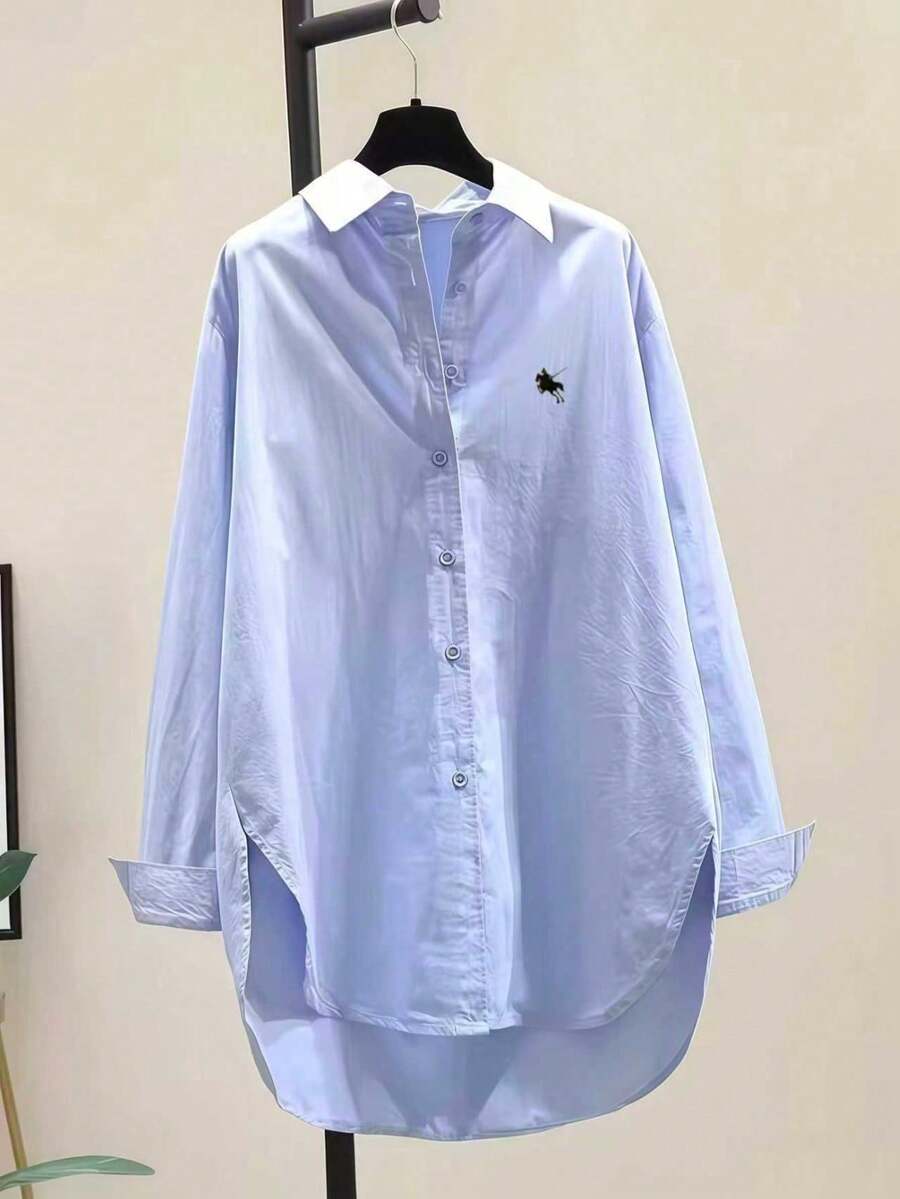 女士休闲长袖纽扣刺绣衬衫 - 宽松版型，尖领，纯白色，不透，适合所有季节，百搭款式，经典设计，面料顺滑，适合办公室穿着，透气材质，春季时尚达人必备单品 - 藍色 - 查看 1