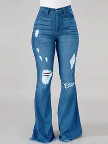 Women's Vintage-Inspired High-Stretch Skinny Jeans - Ripped Detail, Halloween Costumes,Raw Hem, Mid-Rise, Distressed Blue Denim With Slash Pockets, Comfort Fit For All Seasons - Rửa trung bình - Xem 2