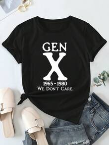 Women's Short Sleeve T-Shirt - Bold GEN X Graphic Print With Vintage 1965-1980s Slogan And "We Don't Care" Slogan, Casual Crew Neck Summer Essential, Machine Washable, Cute Short Sleeve Tops, Easy Care Clothing, Straight Sleeve T-Shirt, Breathable Fabric, Durable Print T-Shirt - 黑色 - 查看 3