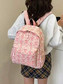 3件套尼龙蝴蝶结印花背包，可折叠多口袋大容量防水拉链背包，适合青少年、高中生、大学生、女生日常使用、通勤、旅行，情人节礼物