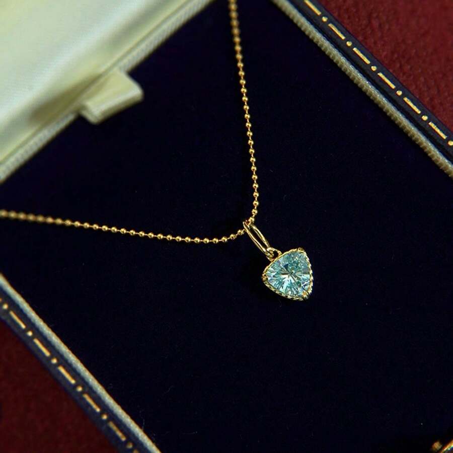 1pc S925 Silver Minimalist Heart-Shaped Aquamarine Design Pendant Necklace With Sparkling Cubic Zirconia, Elegant Jewelry For Women, Exquisite Gift For Loved Ones - Yellow Gold - View 1