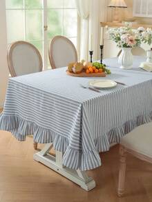 1pc Japanese Style Floral Rectangular Tablecloth, Suitable For 4-6 People, Great For Home Parties, Outdoor Weddings, Small Gardens, Kitchen & Dining Room Decor - Yarn-dyed Blue Striped Lotus Edge - View 2