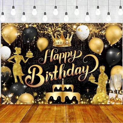 1 pieza Fondo de cumpleaños negro y dorado feliz, Pancarta de fiesta de cumpleaños, Globos brillantes, Fuegos artificiales, Logotipos, Decoraciones, Fondo. Adecuado para accesorios de estudio de fotografía, fotomatones, decoraciones de cumpleaños. Suministros de fiesta de cumpleaños, Pancarta Feliz Cumpleaños