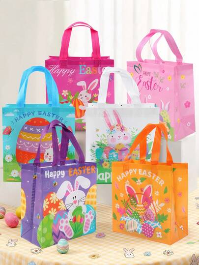 6Pcs Easter Egg Hunt Bags,Square Shape Non-Woven Tote Bag With Bunny & Egg Design,Easter Gift Packaging Bags,Reusable Storage Bags With Handles,Easter Egg Hunt Party Supplies,Happy Easter Day Decor,Easter Bunny Decorations,For Easter Party Favors,Basket Stuffers & Decorations