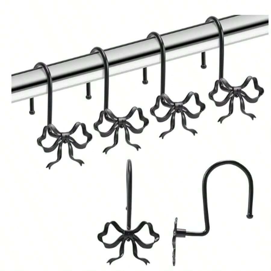 12-Piece Set Of Metal Shower Curtain Hooks - Bow-Shaped Shower Curtain Hooks, Waterproof And Rust-Free. - Black - View 1