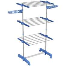 HOMCOM Clothes Drying Tower With Wheels, 3 Levels, Foldable, Side Extensions, Steel, Blue - Silver - View 1