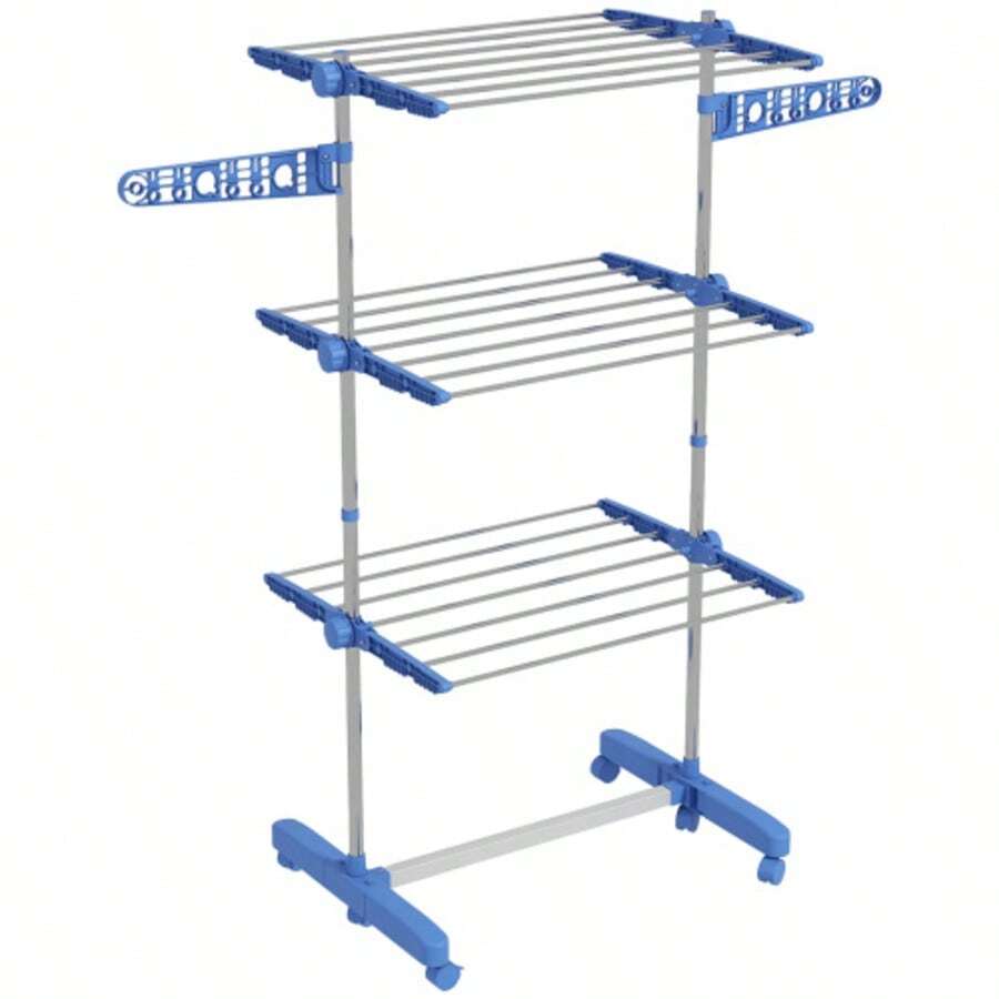 HOMCOM Clothes Drying Tower With Wheels, 3 Levels, Foldable, Side Extensions, Steel, Blue - Silver - View 1