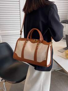 1pc Canvas Color Block Patchwork Fashion Travel Bag, Unisex Travel Luggage Bag, Suitable For Overnight, Commuting, Short Trips (Small Size For Commuting, Large Size For Short Trips) - Brown - View 9