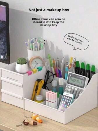 Large-Capacity Multi-Compartment Desktop Storage Box With 6 Compartments And 2 Drawers, For Makeup Brushes, Stationeries, Makeups, Lipsticks, Lotions, Eye Shadows, Nail Polishes,Glasses & Jewelry - Perfect For Office, Dresser, Or Study Decor Multi-Functional Pen Holder , Notebook And Pencil Case, Bedroom Table And Drawer Storage