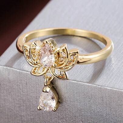 1pc Elegant Lotus Flower Shaped Pendant Ring With Cubic Zirconia, Casual Gift Design For Women