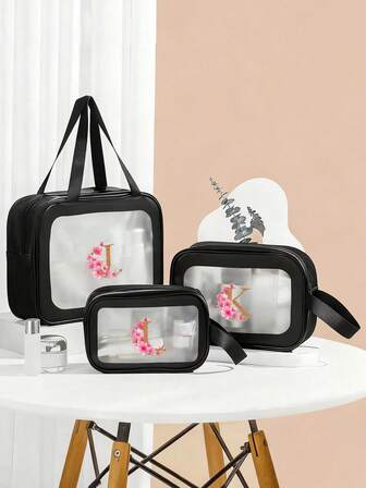 1pc Fashionable Transparent Floral Cosmetic Bag - Dual Handle Zipper Design, Lightweight Travel Daily Storage Box, Portable Mini Makeup Case, Sturdy Handle, Washable, Essential For Beauty Enthusiasts, Compact & Durable, On-The-Go Storage