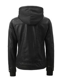 Women's Streetwear Faux Leather 2-In-1 Hoodie Jacket Black Zip Up Pocket Edgy Casual Fall Winter Outerwear Women's PU Leather Jacket - màu đen - Xem 3