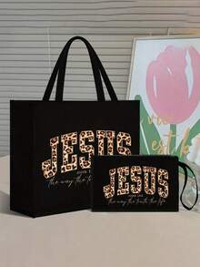Black Linen Handbag+Handbag Set, With Leopard Print Jesus Pattern Print Design,Religious Cross Pattern Shoulder Bag & Wallet,Lightweight Casual Bohemian Style, Two Pieces Women's Christian Purse Gift Set, Bohemian Church Festival Bible Study, Lightweight Casual Travel Tote,Church Bible Study Festival Accessories, Easter Christmas Gift Idea,Thanksgiving Gifts - Multicolor - View 7