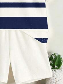 2pcs/Set Boys' Striped Print Short Sleeve T-Shirt And Shorts - Blue - View 5
