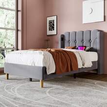 Upholstered Single Bed With USB Type-C Charging Function, Bed Frame With Slatted Base, Upholstered Bed In Grey, 90 X 200 Cm Bed Frame Youth Bed For Bedroom Guest Room - Linen Material - Grey - View 8