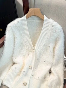Stylish Furry Cardigan,Long Sleeve Tops - White - View 4