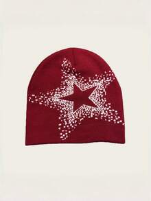 1pc Star Jacquard Knit Beanie Hat, Unisex Autumn/Winter Warm Headwear, Suitable For Casual, Streetwear, Couples, Students