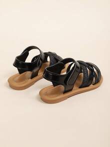 1 Pair Toddler Girls' Glitter Criss-Cross Open Toe Hook And Loop Soft Bottom PU Fashion Cute Durable Non-Slip Children Sandals, Suitable For 3-15 Years Old Boys & Girls, For Home, Party, School, Indoor/Outdoor, Beach, Spring/Summer 2025 New Arrival - Black - View 7