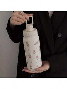 1pc Pink Tulip Heart Shaped Stainless Steel Vacuum Insulated Water Bottle - Double Wall Insulated, Suitable For Hot & Cold Drinks, Capacity Options: 20.29oz/27.05oz/33.81oz, Great For Travel, Fitness, Outdoor Activities And Gifting