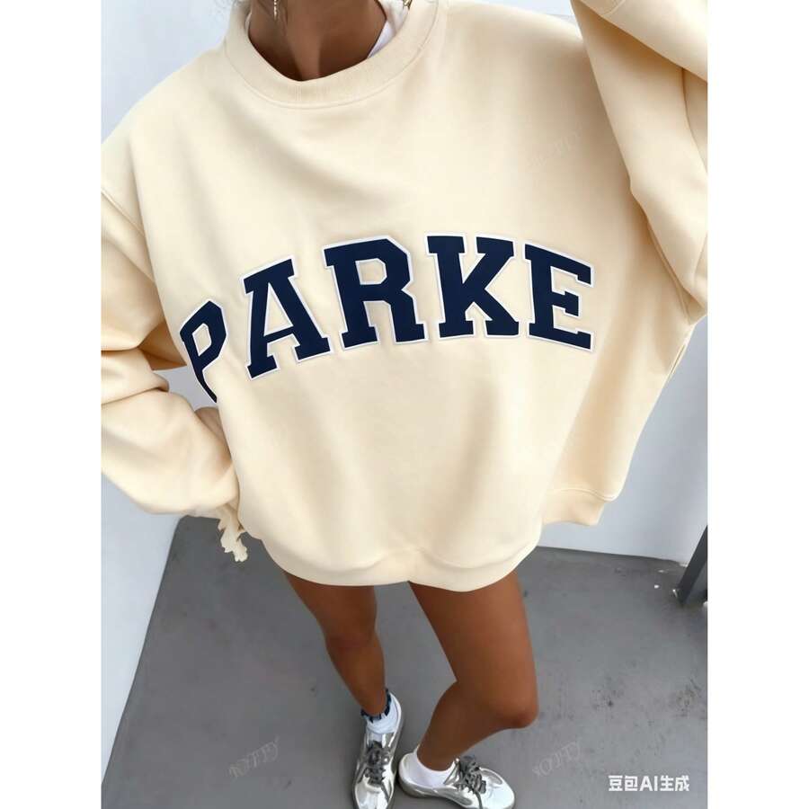 Women's Casual Letter Print Oversized Pullover Sweatshirt, Loose Fit Crew Neck Long Sleeve Hoodie, Fall Outfits For Airport, - 杏色 - 查看 1