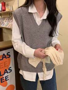 Chaleco de punto con cuello en V de color liso para mujer, adecuado para ocasiones cotidianas. - Gris - Ver 6