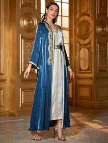 Đầm kiểu Ả Rập màu xanh lục lam thanh lịch, cổ chữ V, thắt lưng, họa tiết thêu, tay dài thông thường, vải không co giãn, thích hợp cho các dịp đặc biệt mùa xuân. - Xanh đậm - Xem 6