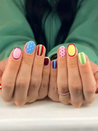 24pcs Oval-Shaped Colorful French Manicure Nail Stickers, Featuring Polka Dot And Colored Line Designs, Pink Princess Style, Perfect For Acrylic Nail Tips, Includes 1pc Jelly Gel And 1pc Nail File, Suitable For Women And Girls For Daily Life, Travel And Party Nails Nail Supplies