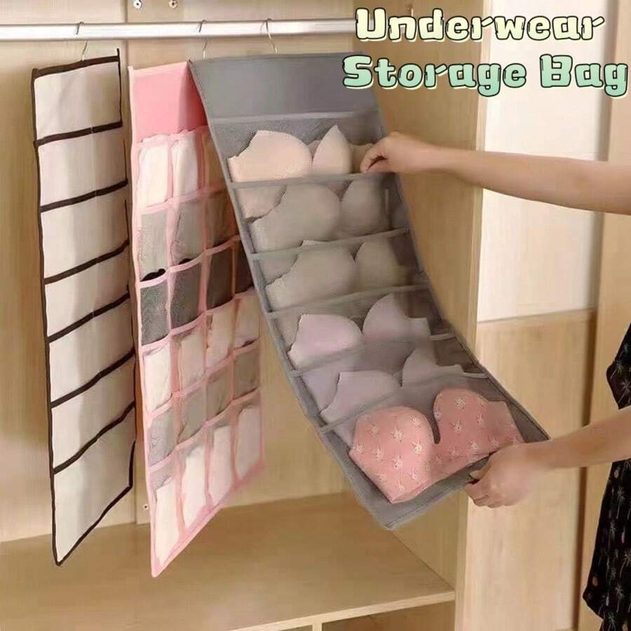 Double-Sided Bra Storage Bag With Rotating Metal Hook, Hanging Wardrobe Bra Organizer Bag, Dual-Sided Mesh Rack Hanging Storage Pouch For Bras, Socks, Underwear - Multicolor - View 1