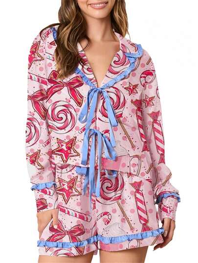 Christmas Lounge Sets Candy Cane Print Long Sleeve Button Down Shirt + Elastic Shorts 2 Piece Pjs Sleepwear - Watermelon Red Pyjamas