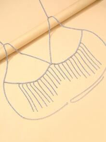 1件时尚水钻流苏项链身体链，性感简约设计，适合比基尼穿着 - 銀色 - 查看 6