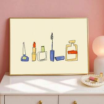 1 st inramad/oramad gul blå linjeteckning parfym läppstift mode badrum canvas poster sminkrum minimalistisk flickig rumsdekor horisontell funky målning för studentrum, vardagsrum, sovrum, modern heminredning