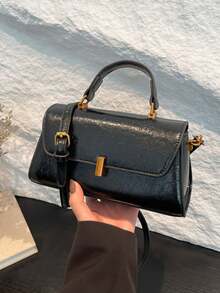 Bolso de hombro cuadrado pequeño de moda vintage para mujer, de piel sintética (PU) en patchwork, para uso diario - Negro - Ver 7